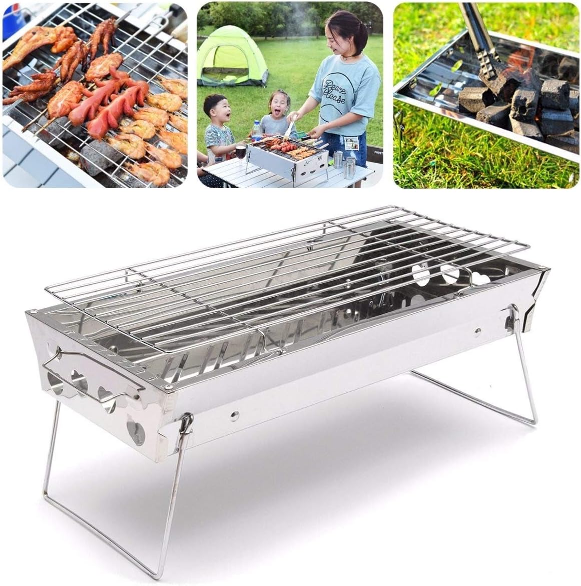 WSKDHD 45x22cm Picnic BBQ Charcoal Grills for Barbecue Sliver Outdoor Stainless steel Hiking Charcoal Camping Grill