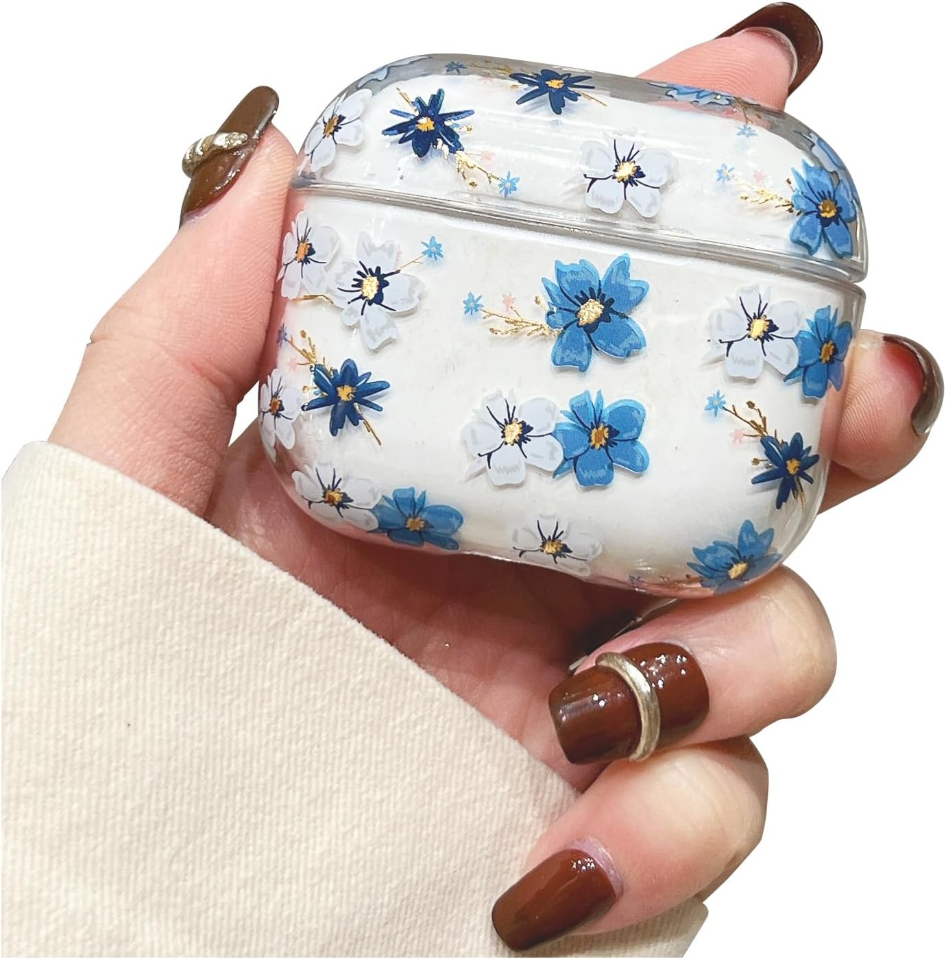 yelovehaw designed for airpods 3 cute case for women girls teens blue white floral pattern glitter golden lines clear ha