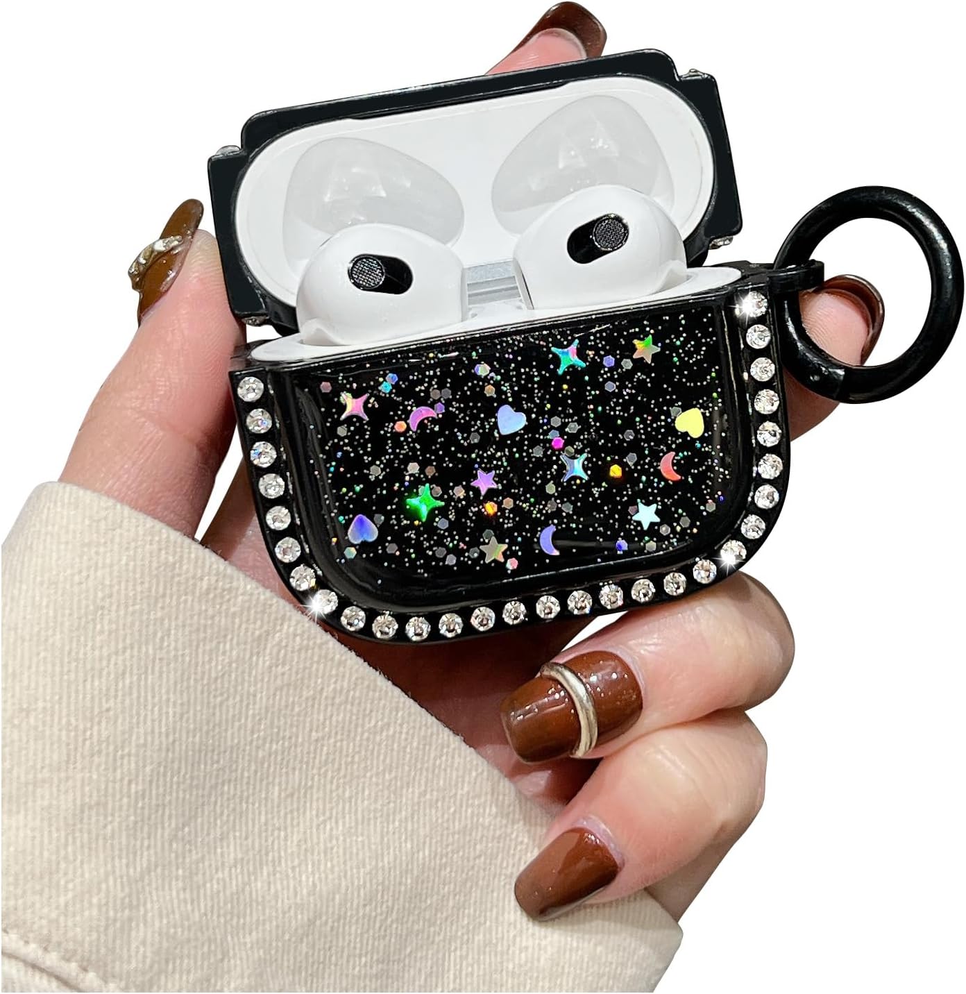 YeLoveHaw for AirPods 3 Cute Case for Women Girls, Colorful Glitter, Shiny Silver Chips, Dazzling Acrylic Diamonds, Soft Full Body Protective Cover with Keychain for Airpods 3rd Generation (Black)