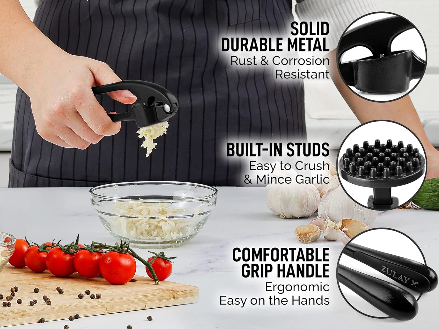 zulay kitchen premium garlic press set rust proof dishwasher safe professional garlic mincer tool easy squeeze easy clea 4