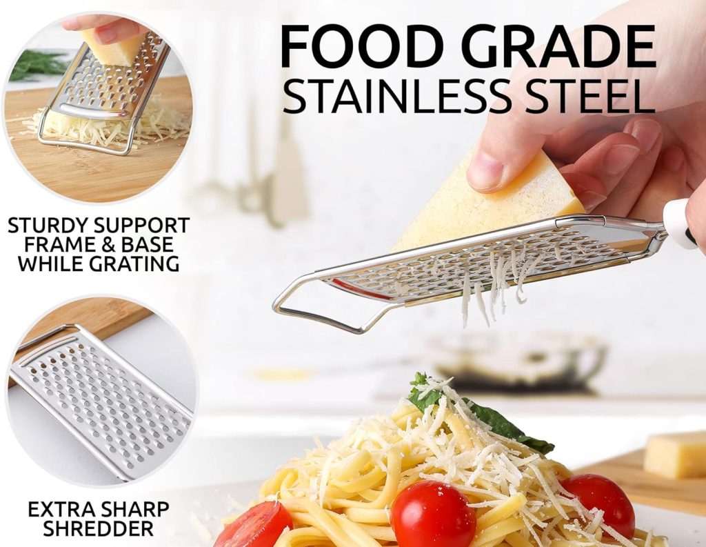 Zulay Kitchen Professional Cheese Grater Stainless Steel - Durable Rust-Proof Metal Lemon Zester Grater With Handle - Flat Handheld Grater For Cheese, Chocolate, Spices, And More - Black